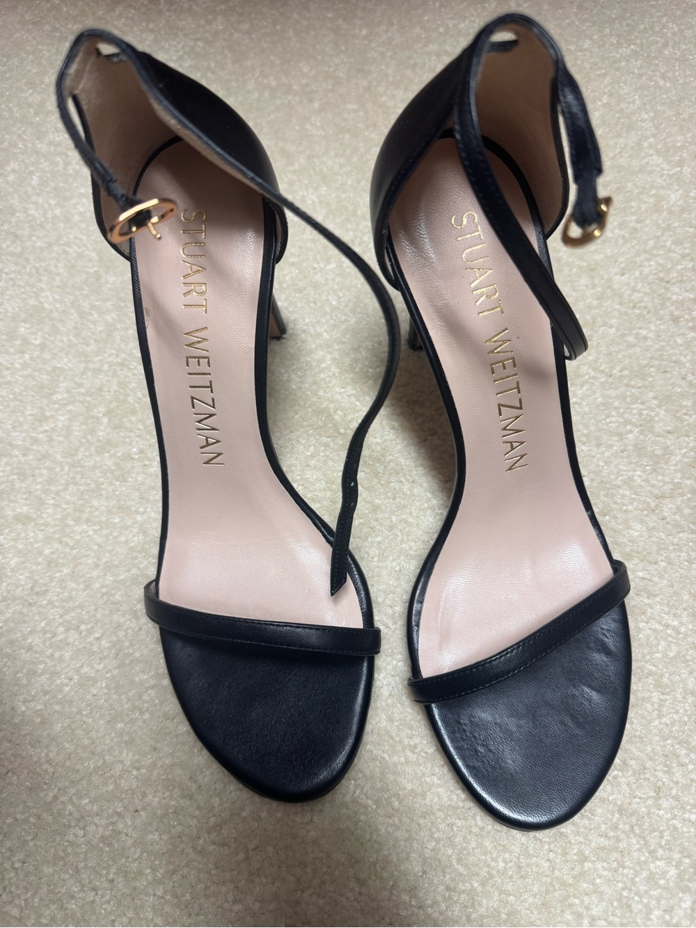 Stuart Weitzman Black Leather Ankle-Strap Stiletto Sandals